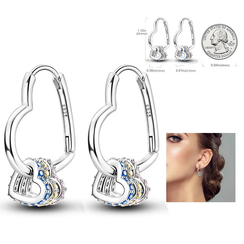 925 Silver Heart & Star Zircon Hoop Earrings