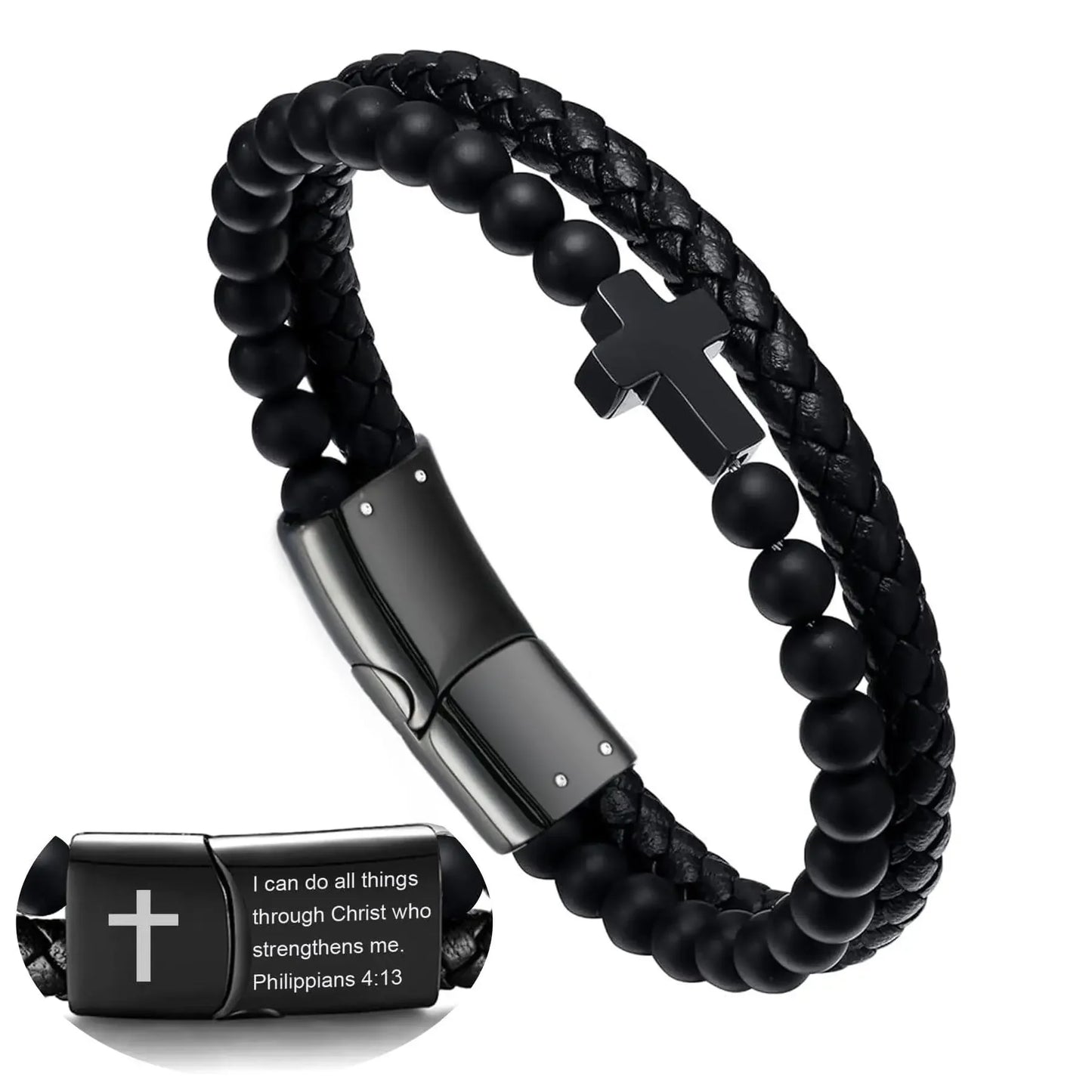 Mens Double-Row Black Braided Leather Bracelets Stainless Steel Cross Jewelry With Onyx Beads Bracelets For Dad,Sons - Blessings is Here