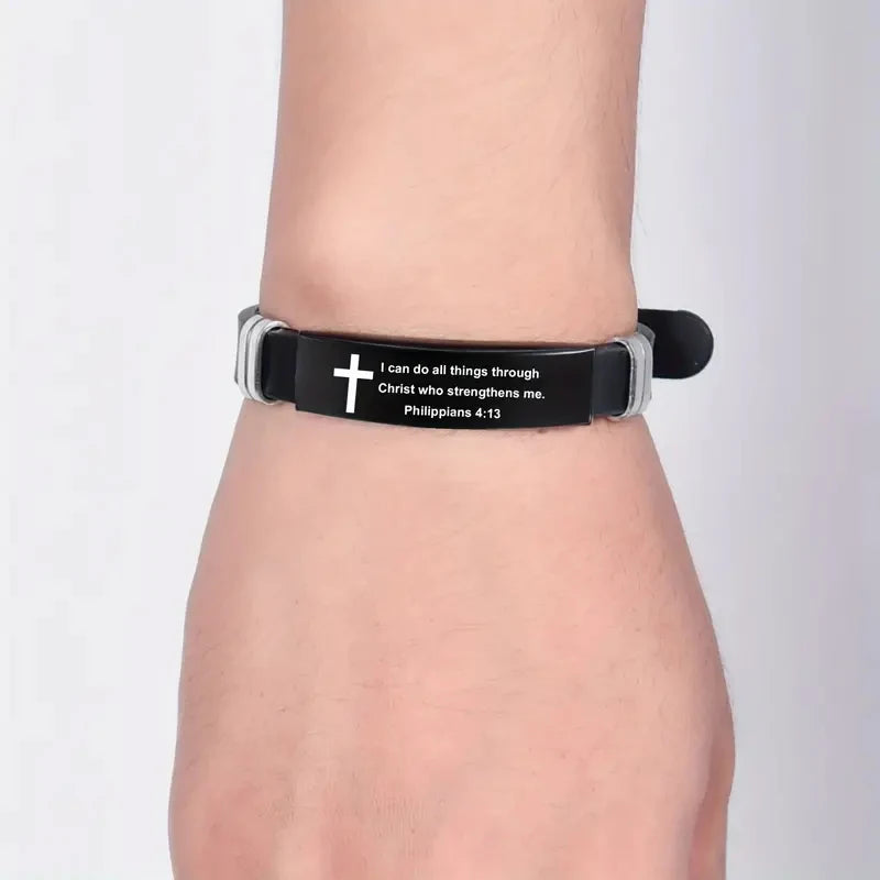 Christian Bible Verse Black Stainless Steel Cross Bracelet