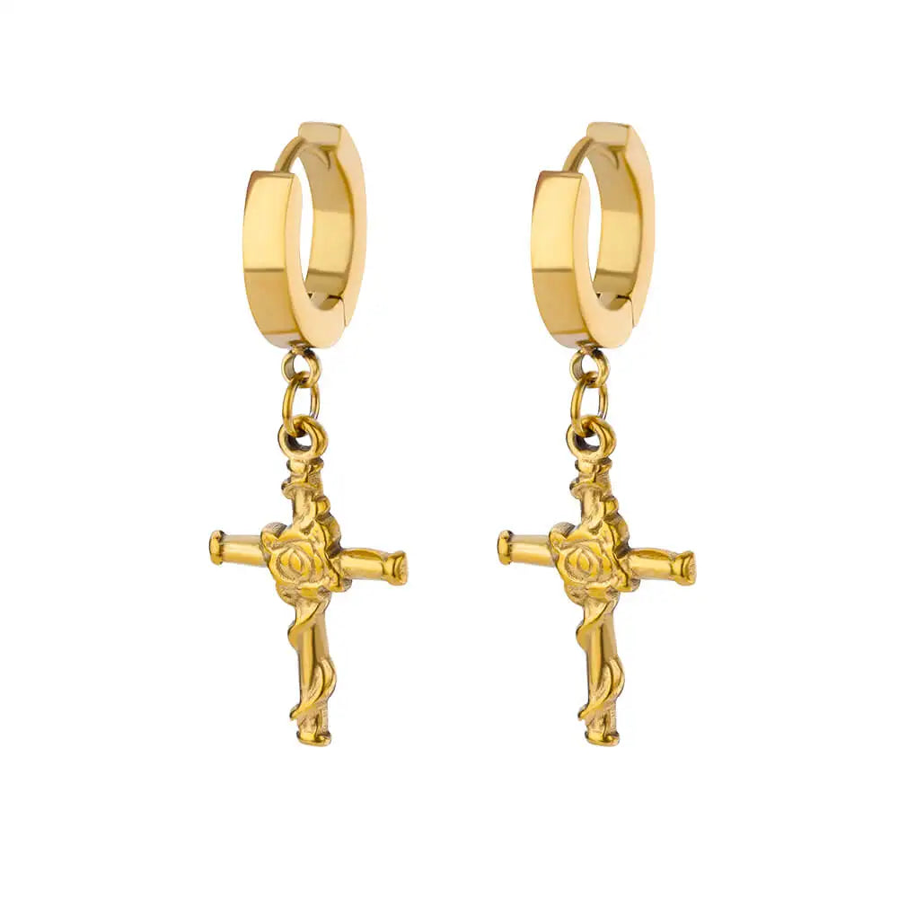 Stainless Steel Zircon Cross Dangle Christian Earrings