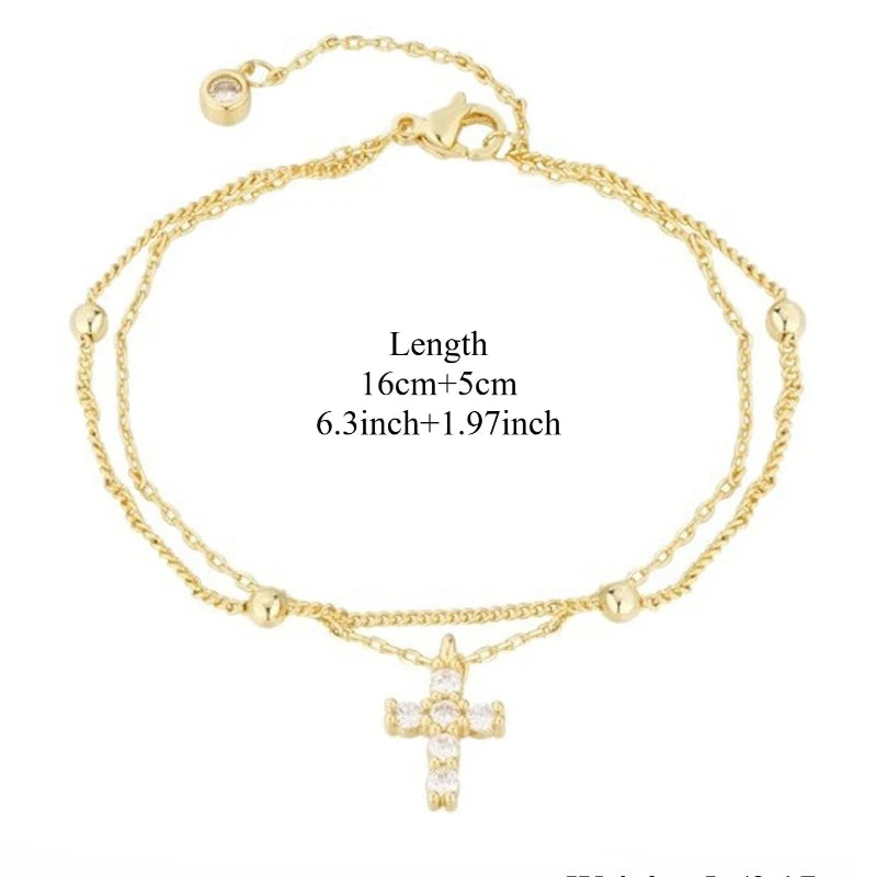Fashionable Gold Color Women's Cross Chain Bracelet for Girls, Shining with Zircon Inlay, Double-layer Adjustable Charm Bracelet - Blessings is Here