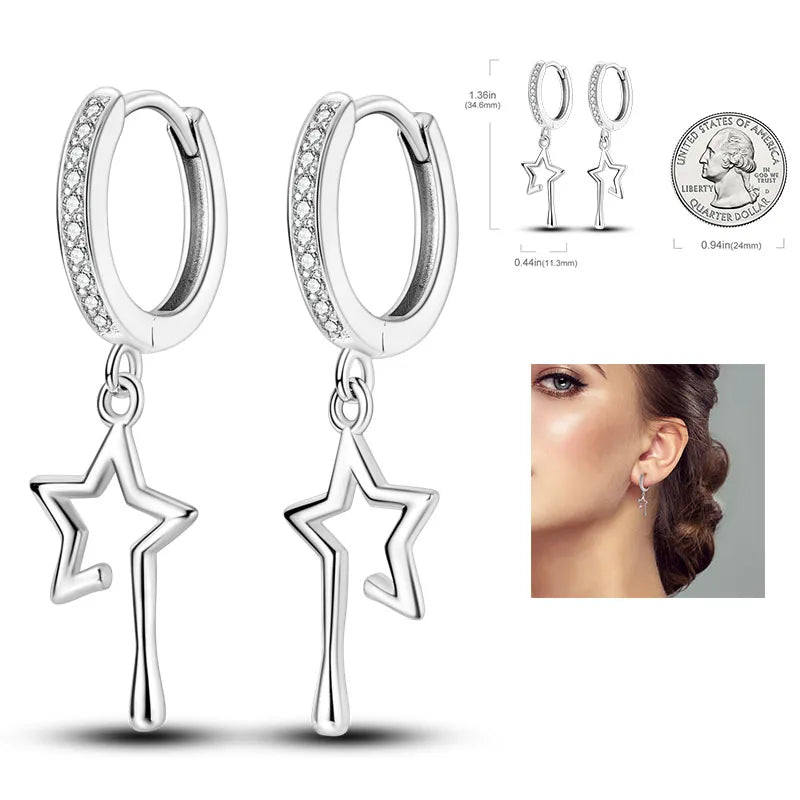 925 Silver Heart & Star Zircon Hoop Earrings