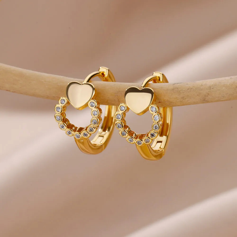 Stainless Steel Gold Heart Zircon Hoop Earrings