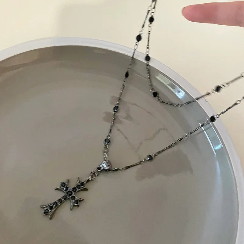 Double Layer Punk Black Rhinestone Cross Choker