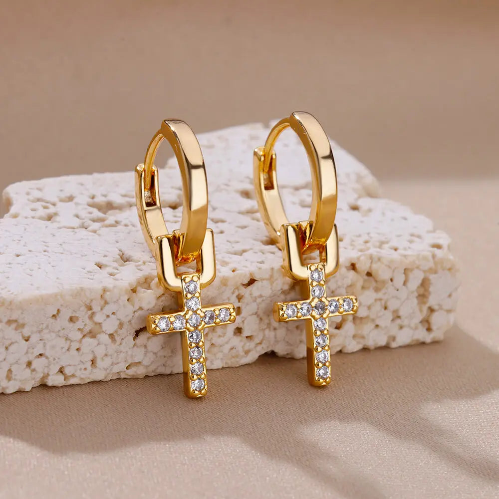 Stainless Steel Zircon Cross Dangle Christian Earrings