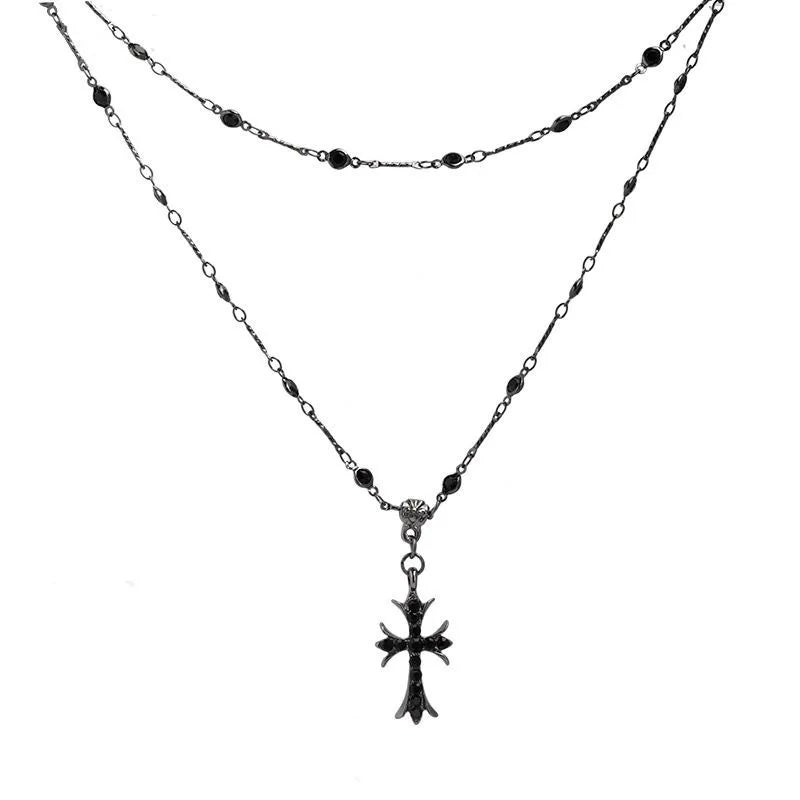 Double Layer Punk Black Rhinestone Cross Choker