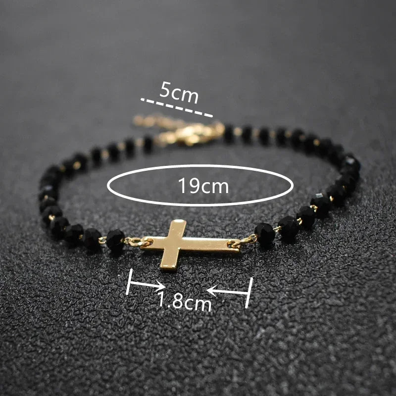 Gold Rosary Sideways Cross Bracelet with Black Beads