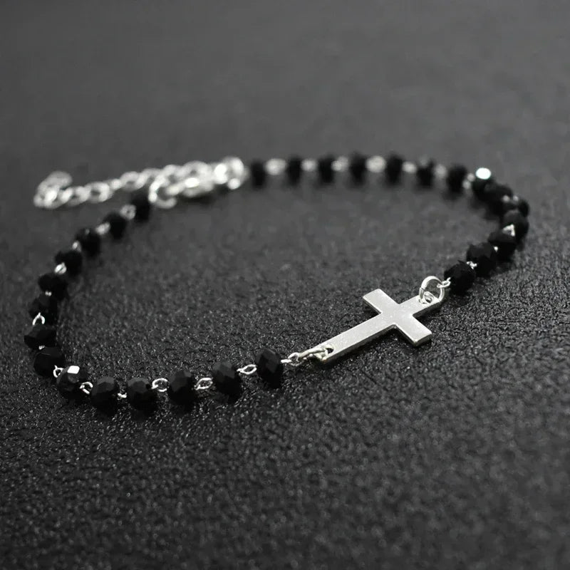 Gold Rosary Sideways Cross Bracelet with Black Beads