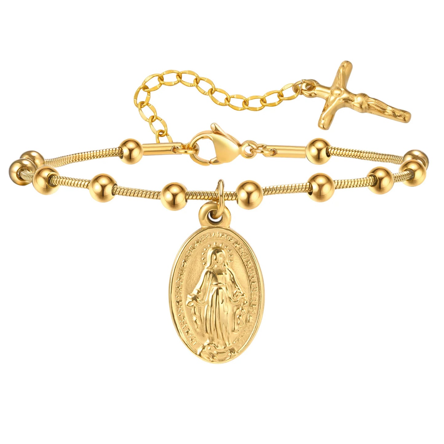 Cross & Virgin Mary Gold Rosary Bracelet