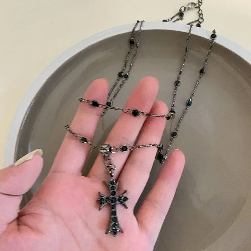Double Layer Punk Black Rhinestone Cross Choker