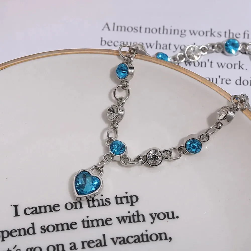 925 Silver Blue Crystal Heart Charm Bracelet for Women