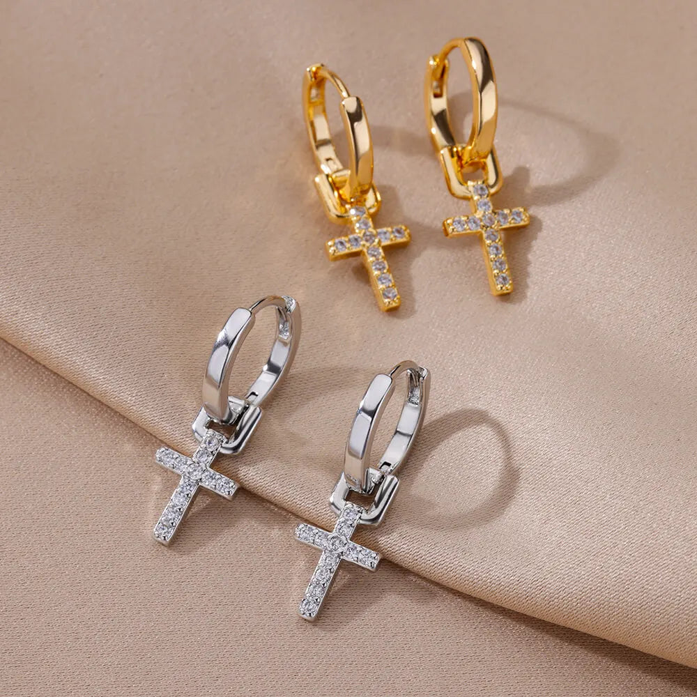 Stainless Steel Zircon Cross Dangle Christian Earrings