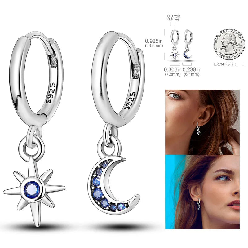 925 Silver Heart & Star Zircon Hoop Earrings