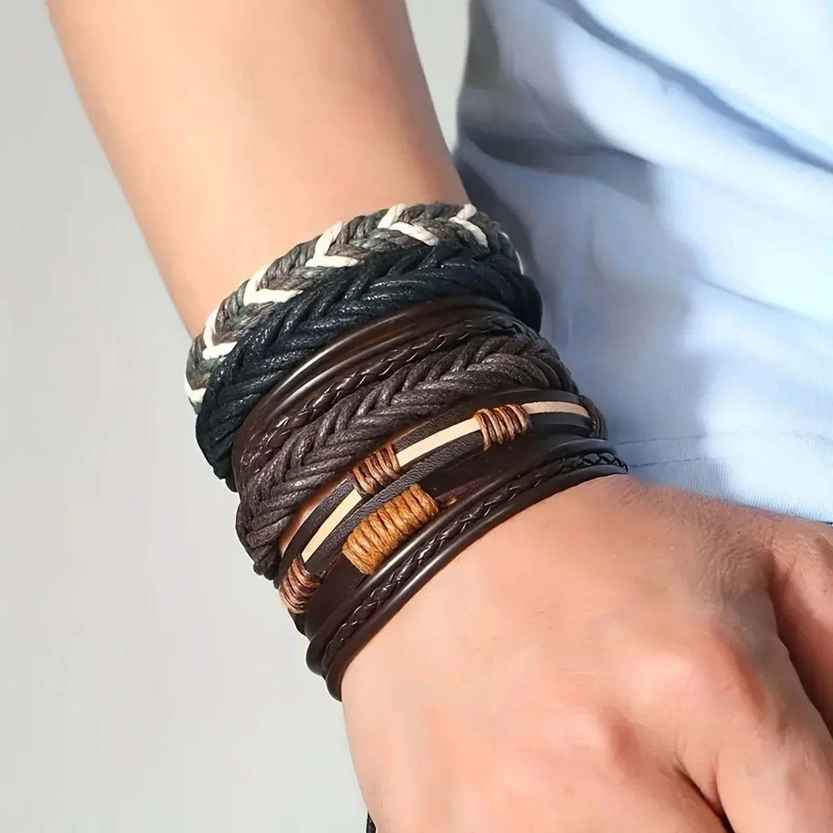 Braided Leather & Bead Bracelet Set