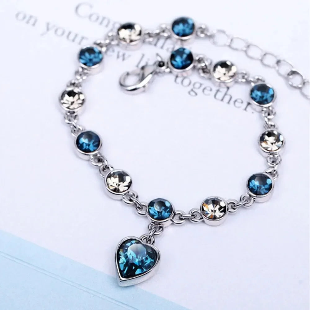 925 Silver Blue Crystal Heart Charm Bracelet for Women