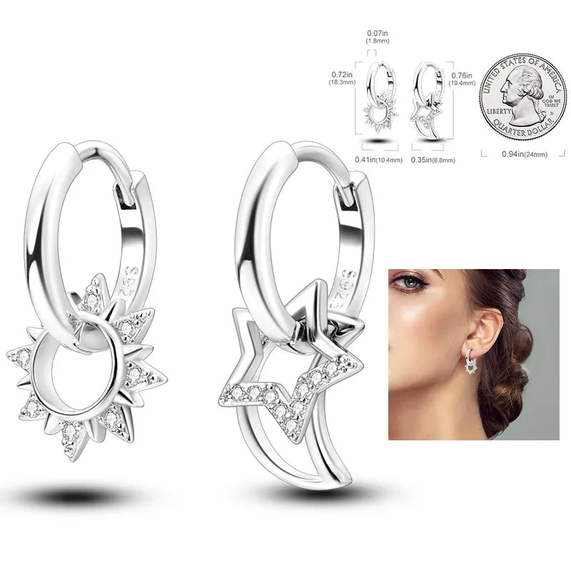 925 Silver Heart & Star Zircon Hoop Earrings