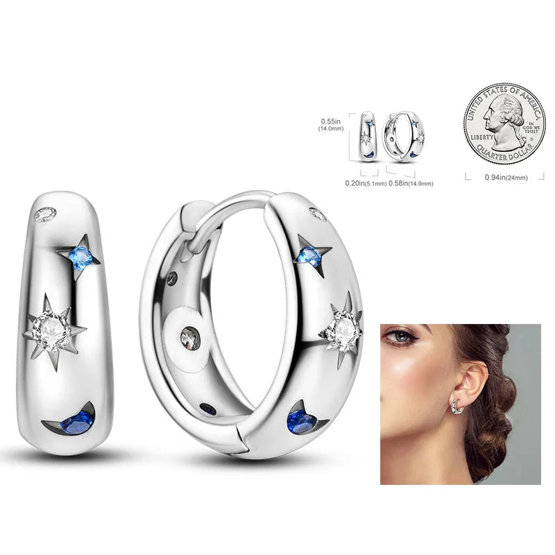 925 Silver Heart & Star Zircon Hoop Earrings