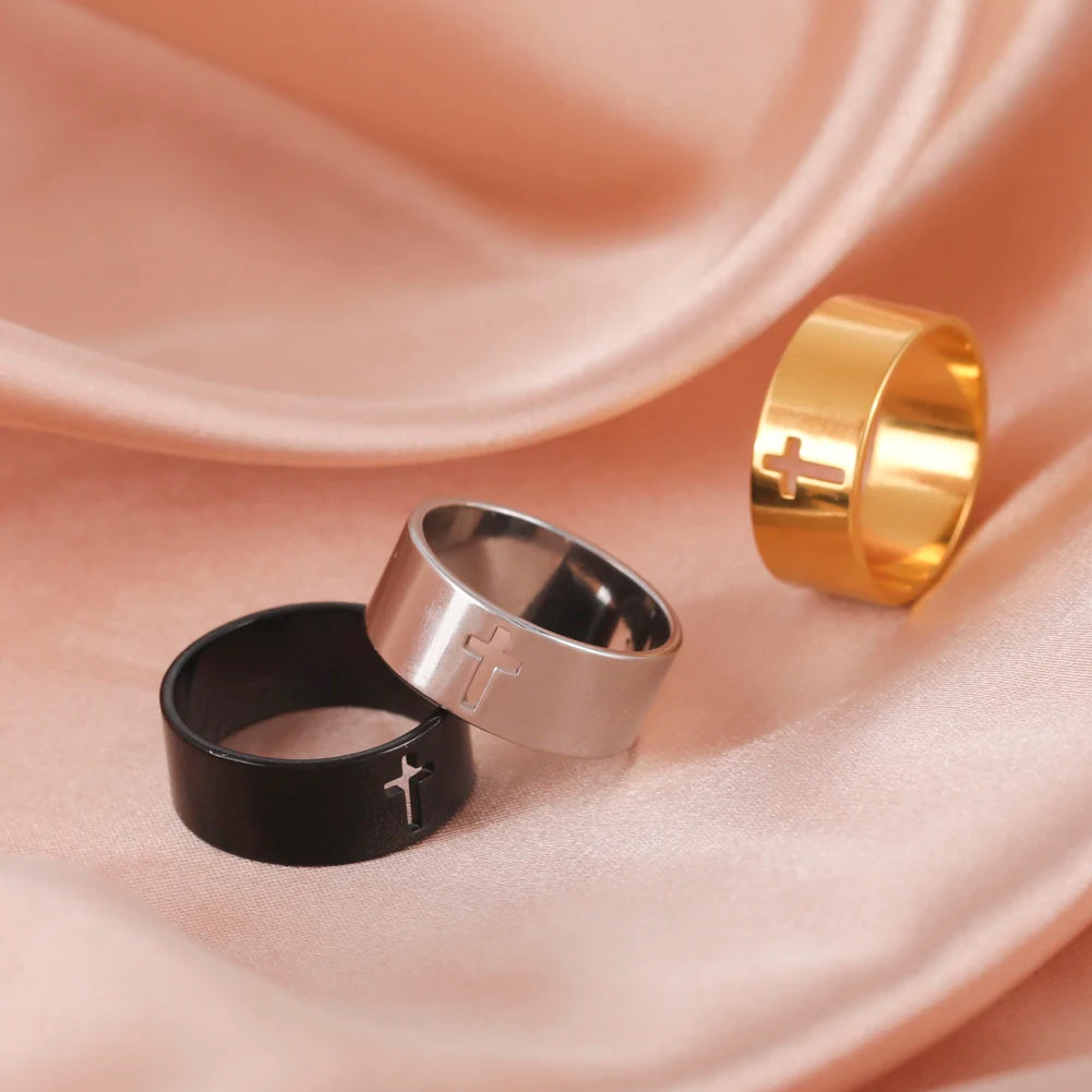 Stainless Steel Unisex Bible Verse Hollow Cross Ring
