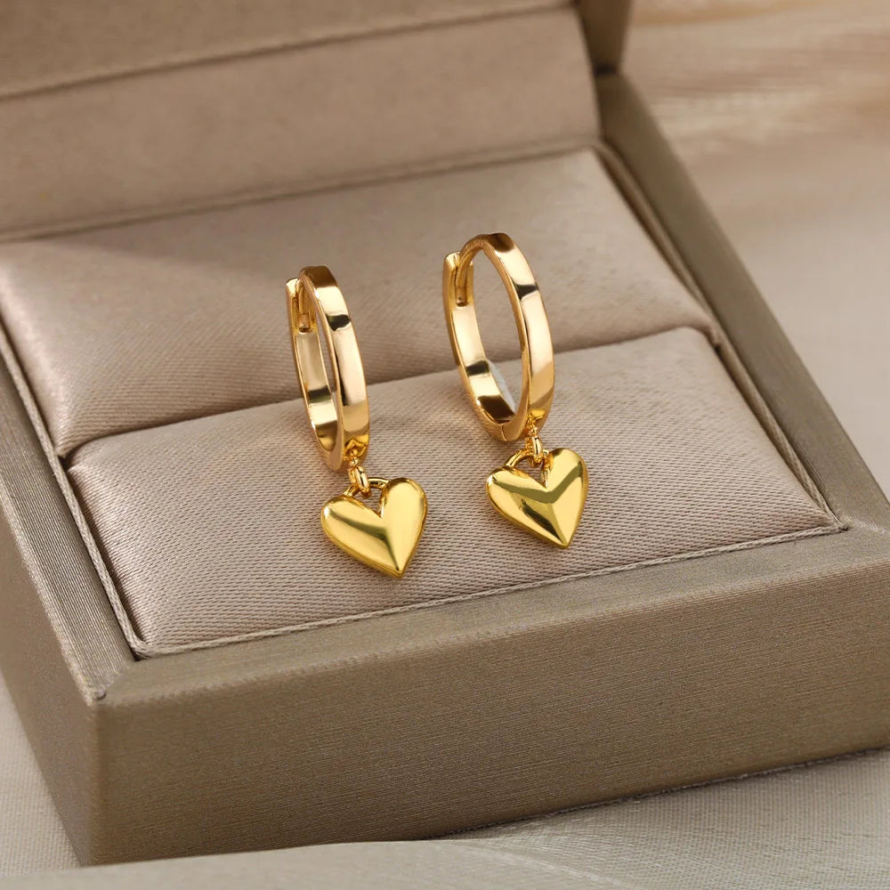 Stainless Steel Gold Heart Zircon Hoop Earrings