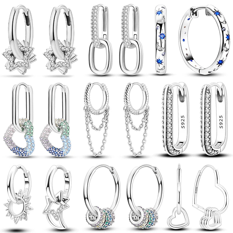925 Silver Heart & Star Zircon Hoop Earrings