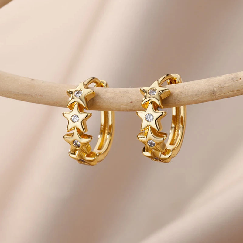 Stainless Steel Gold Heart Zircon Hoop Earrings