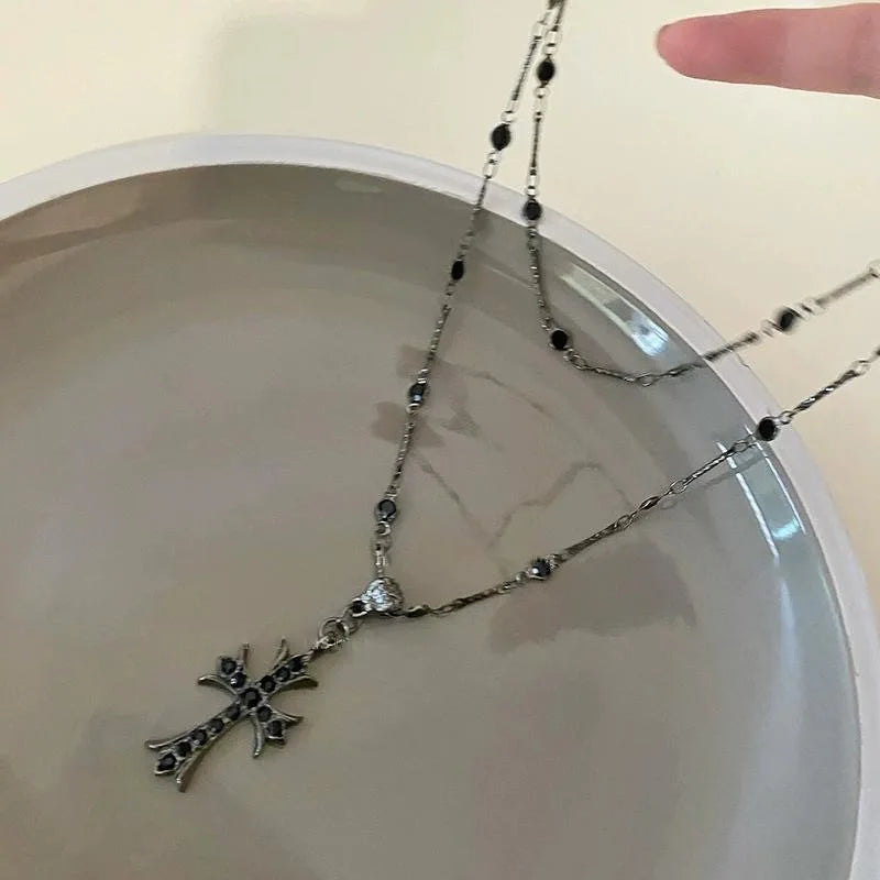 Double Layer Punk Black Rhinestone Cross Choker
