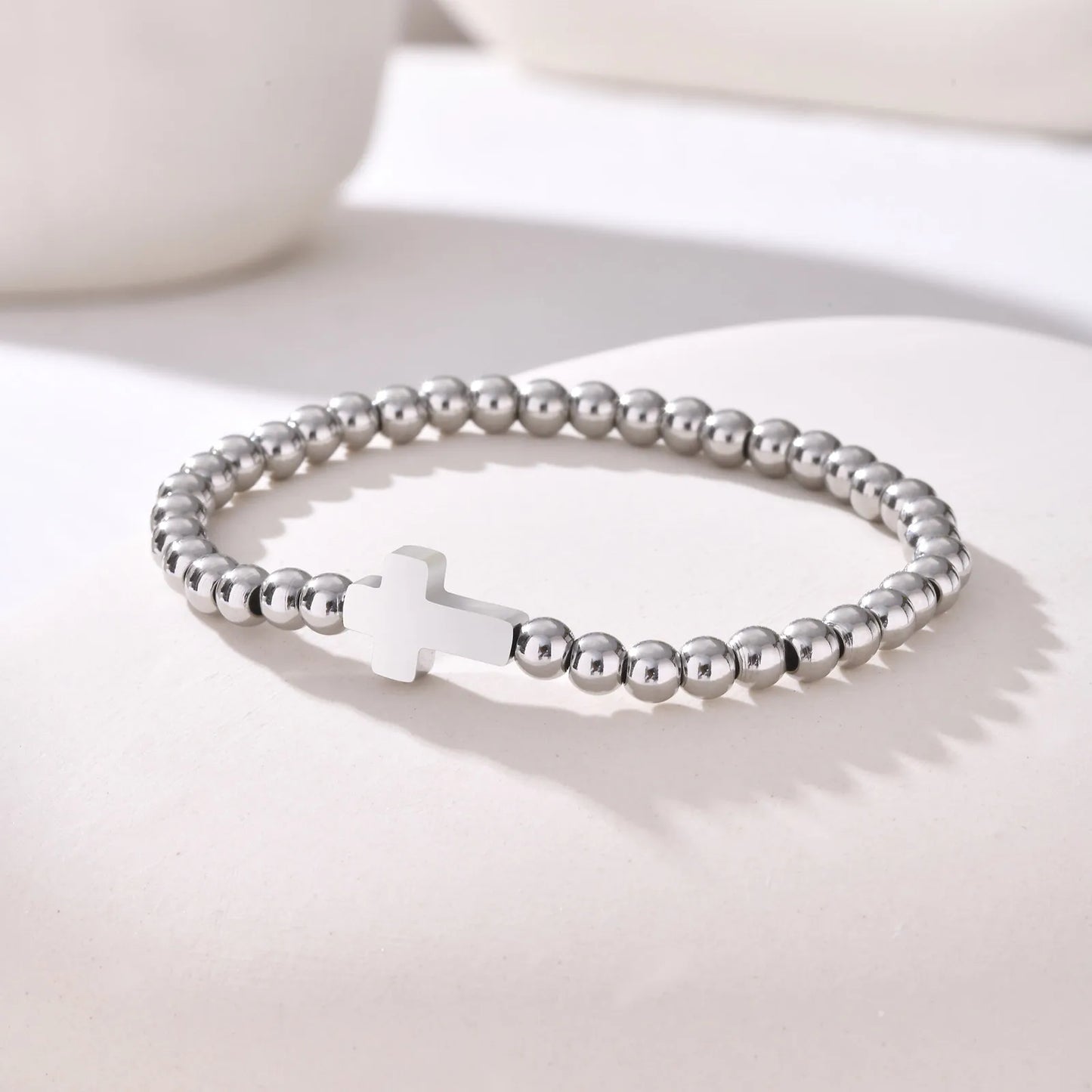 Minimalist Stretch Cross Bracelet for Women,Round Beads Bracelets,Stainless Steel Waterproof Jewelry Gift - Blessings is Here