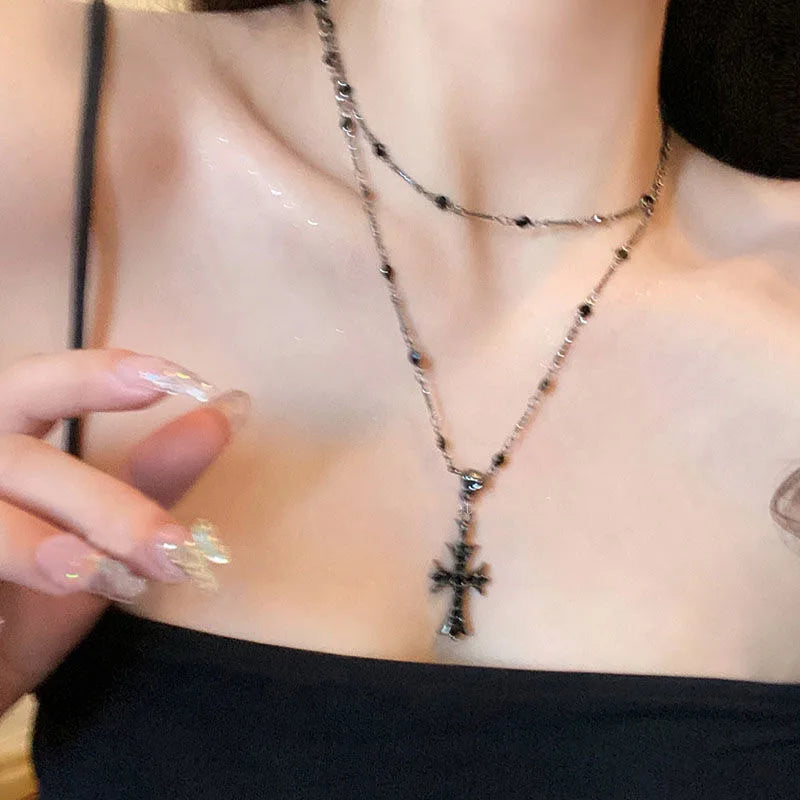 Double Layer Punk Black Rhinestone Cross Choker