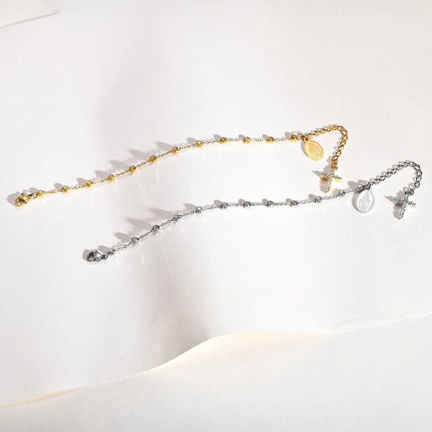 Stainless Steel Cubic Zirconia Cross Rosary Bracelet