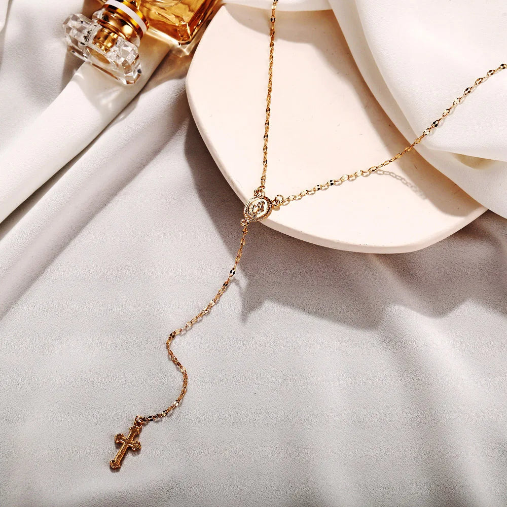 Boho Religious Vintage Christian Cross Rosary Necklace