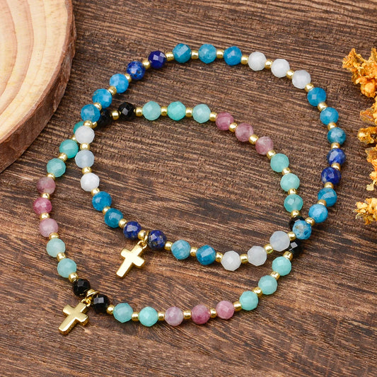 4mm Natural Stones Lapis Garnet and Aquamarine Faceted Beads with Brass Cross Charm Stretchable Bohemian Bracelet for Women Men - Blessings is Here