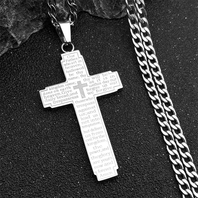Stainless Steel Big Pendant Christian Bible Cross Necklace