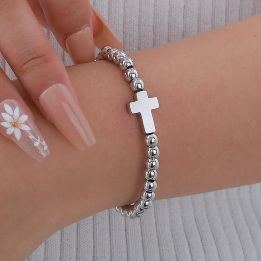 Minimalist Stretch Cross Bracelet for Women,Round Beads Bracelets,Stainless Steel Waterproof Jewelry Gift - Blessings is Here