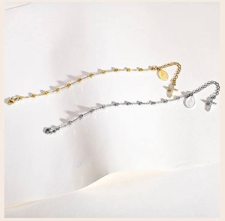 Stainless Steel Cubic Zirconia Cross Rosary Bracelet