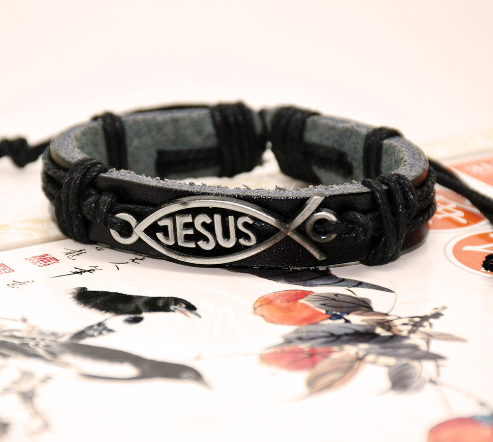 Small fish Jesus Leather Jewelry Twine Bracelet - Blessings is Here