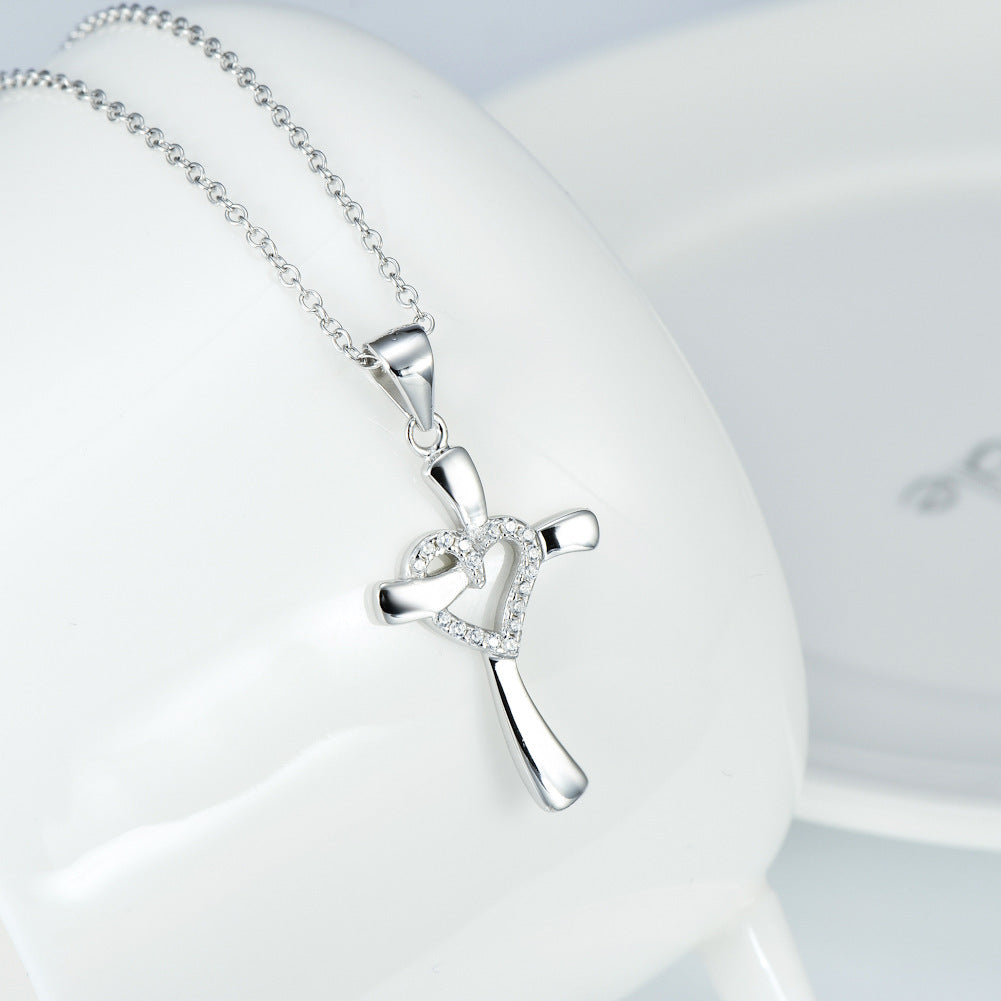 925 Sterling Silver Love Diamond Cross Necklace Christian Religious Pendant - Blessings is Here