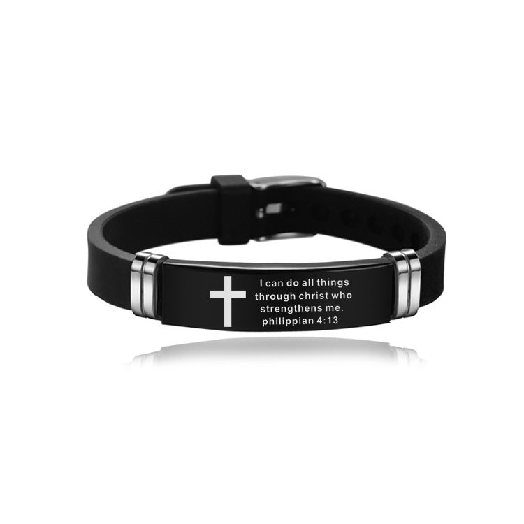 Christian Bible Cross Scripture Bracelet Stainless Steel Silicone Strap Bracelet - Blessings is Here