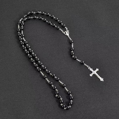 Imitation Pearl Cross Rosary Long Christian Necklace Unisex Sweater Chain