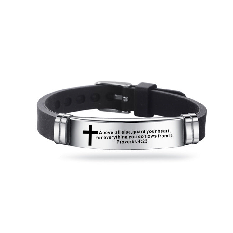 Christian Bible Cross Scripture Bracelet Stainless Steel Silicone Strap Bracelet - Blessings is Here