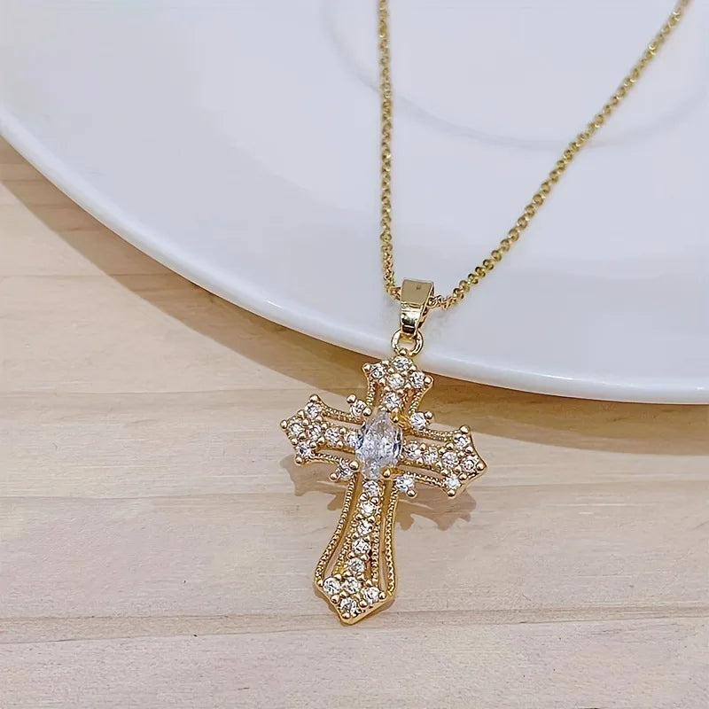 A single-piece white gold cross necklace with a vintage-style pendant, this fashionable choker is suitable for everyday wear, pa - Blessings is Here