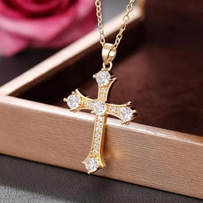 A single-piece white gold cross necklace with a vintage-style pendant, this fashionable choker is suitable for everyday wear, pa - Blessings is Here
