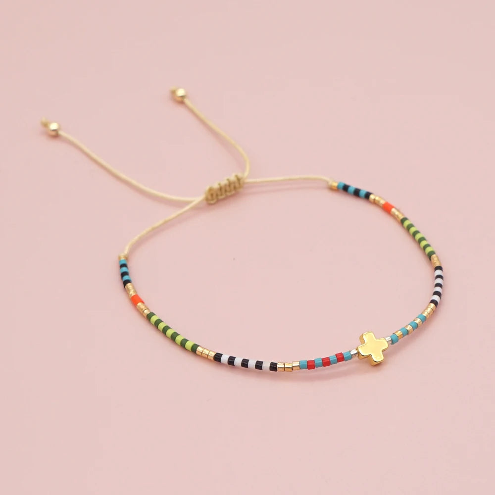 Boho Cross Bracelet for Women – Handmade Christian Beaded Bracelet with Colorful Miyuki Delica Beads, Adjustable Jesus Faith Jewelry