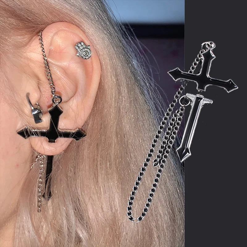 Unisex Vintage Black Cross Chain Earrings