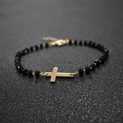 Gold Rosary Sideways Cross Bracelet with Black Beads