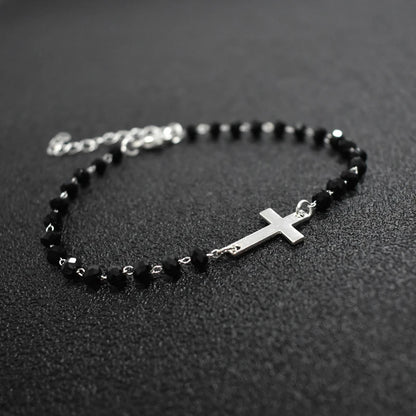 Gold Rosary Sideways Cross Bracelet with Black Beads