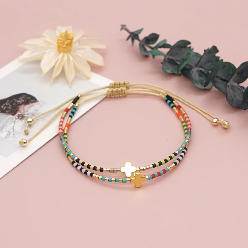 Boho Cross Bracelet for Women – Handmade Christian Beaded Bracelet with Colorful Miyuki Delica Beads, Adjustable Jesus Faith Jewelry
