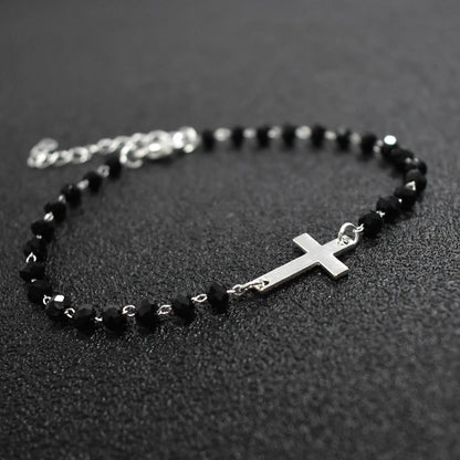 Gold Rosary Sideways Cross Bracelet with Black Beads
