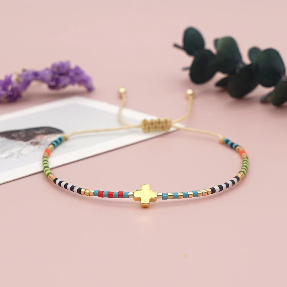 Boho Cross Bracelet for Women – Handmade Christian Beaded Bracelet with Colorful Miyuki Delica Beads, Adjustable Jesus Faith Jewelry