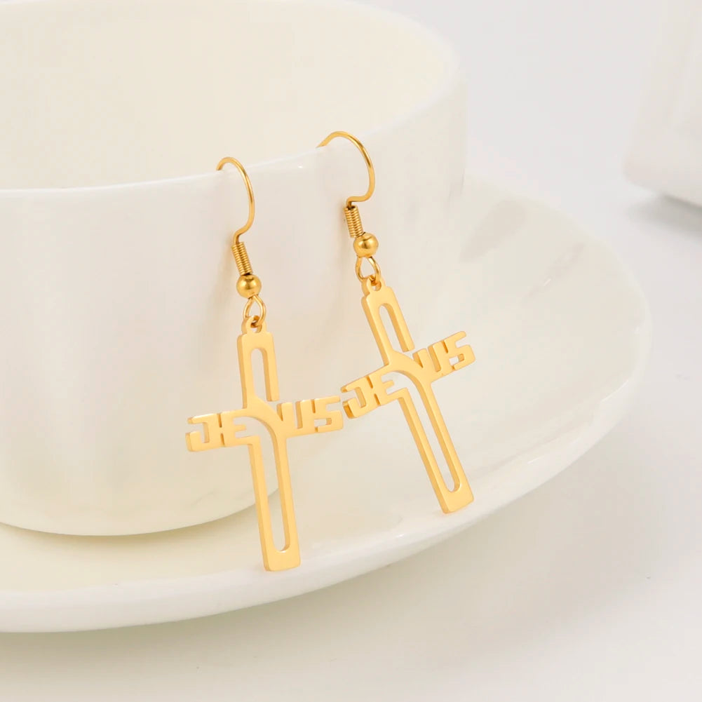 Christian Jesus Cross Dangle Earring for Women Girl Stainless Steel Jewelry Drop Earrings Mother Day Mother Gift