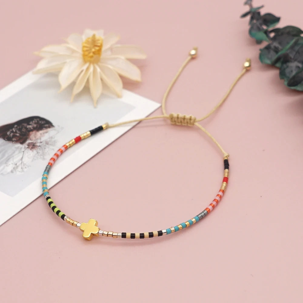 Boho Cross Bracelet for Women – Handmade Christian Beaded Bracelet with Colorful Miyuki Delica Beads, Adjustable Jesus Faith Jewelry
